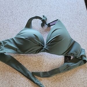 NWT Bikini Top H2OH Deep V Halter Olive Green D Cup